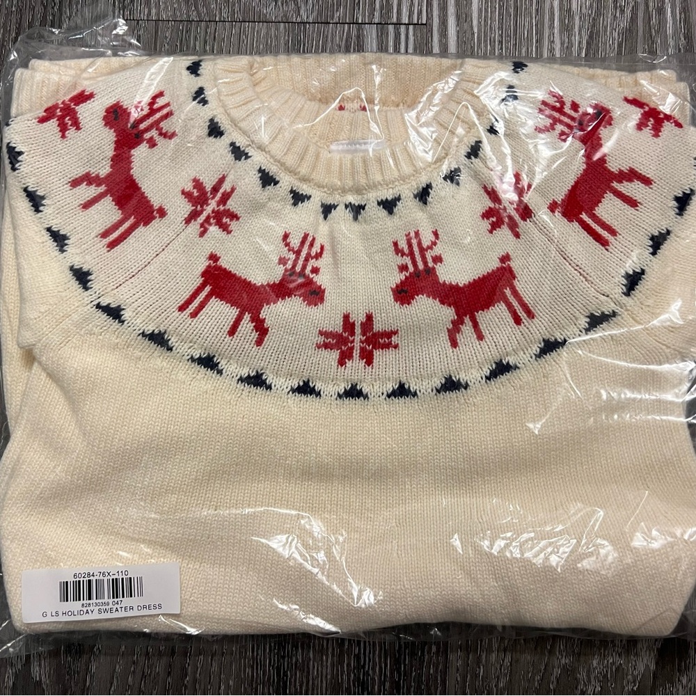 Hanna Andersson LS Dear Deer Sweater Dress, Cream/Multi - Size 110 (US 5) (NIP)